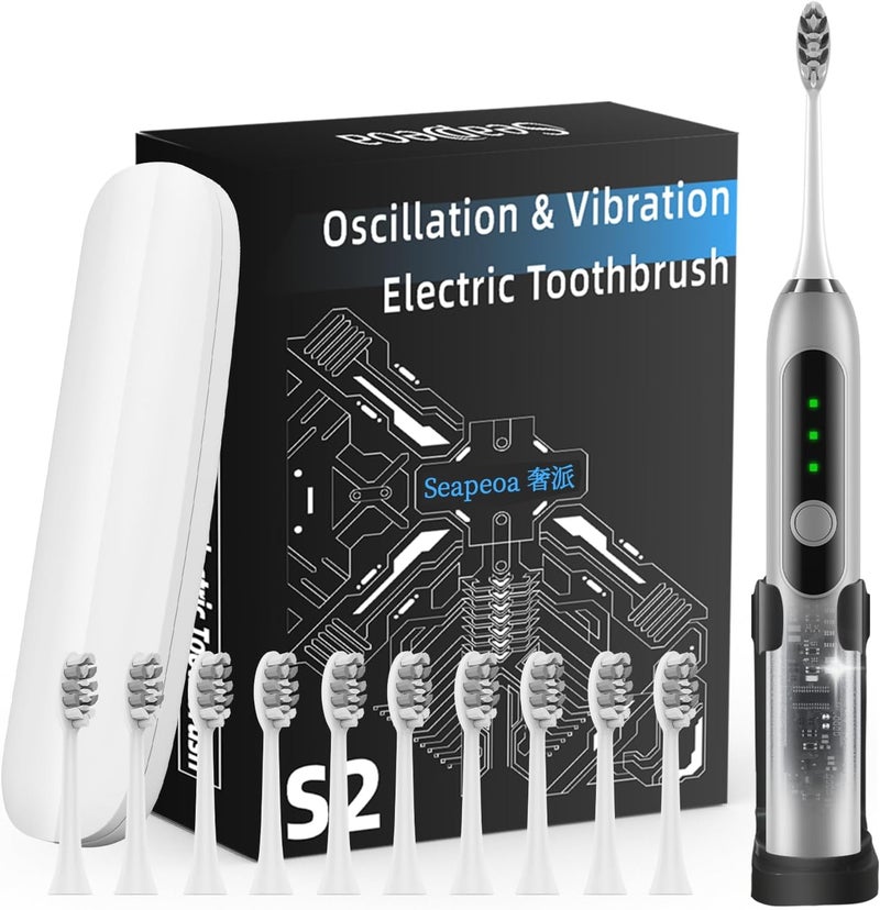 Seapeoa Adult Sonic Electric Toothbrush with 10 Brush Heads, Travel case, and Wall Bracket, Suitable for Both Adults and Children, IPX8 Waterproof, USB Charging, 42000VPM, Silver - Image 1